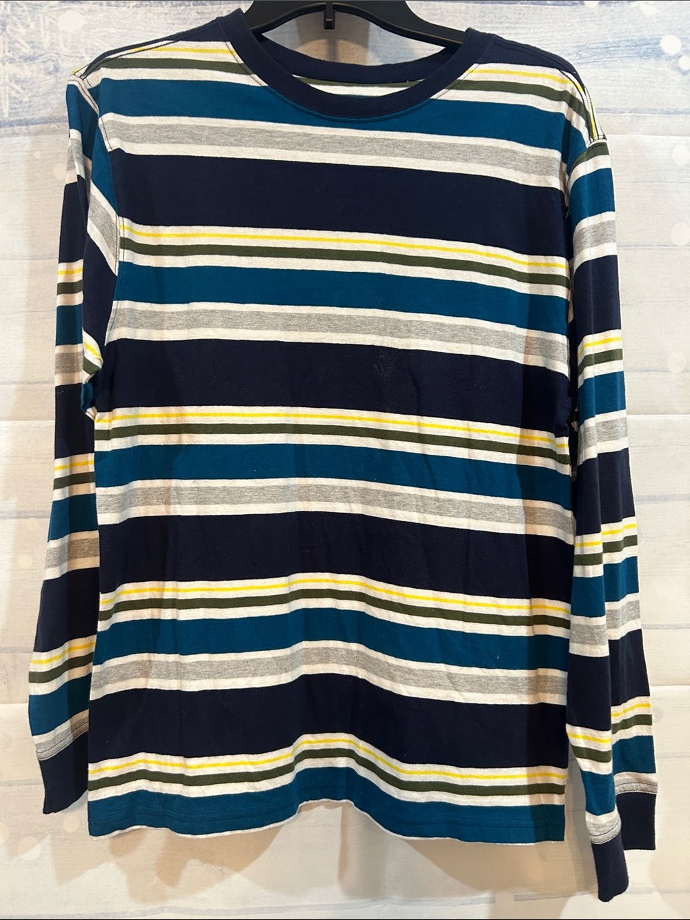 Faded Glory Navy, Teal, White & Yellow Striped Long-Sleeve Tee